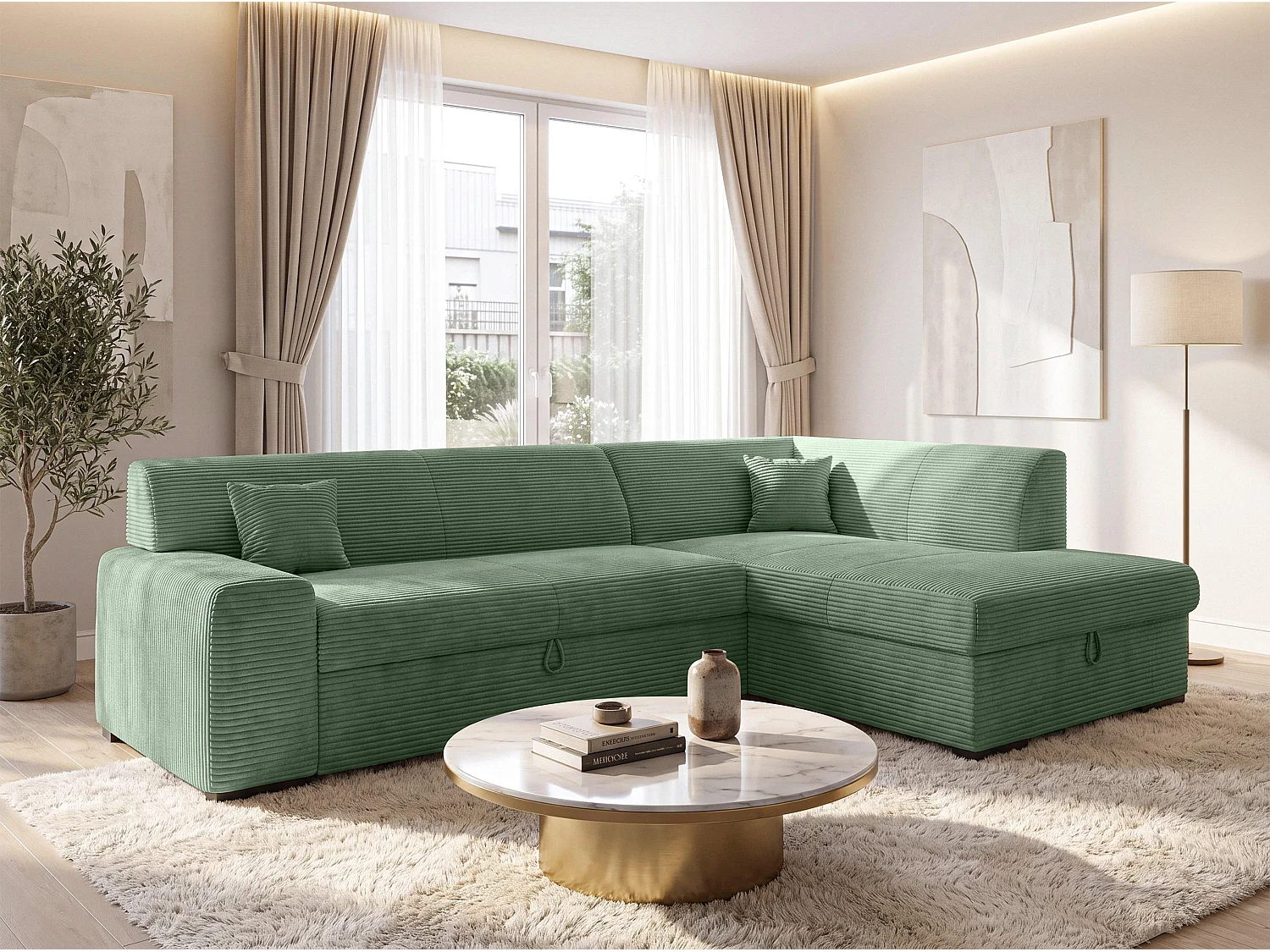 AX LIVING Eckschlafcouch mit Bettkasten Lucera 260 cm Salbeigrün R 