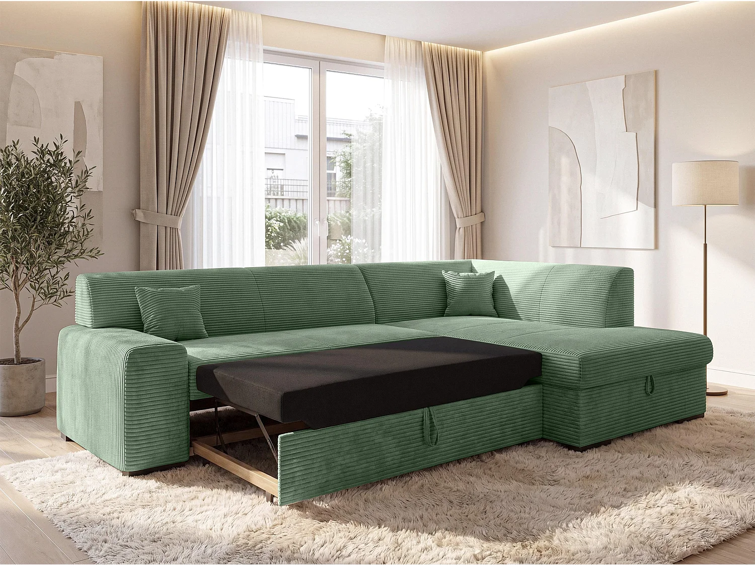 AX LIVING Eckschlafcouch mit Bettkasten Lucera 260 cm Salbeigrün R 