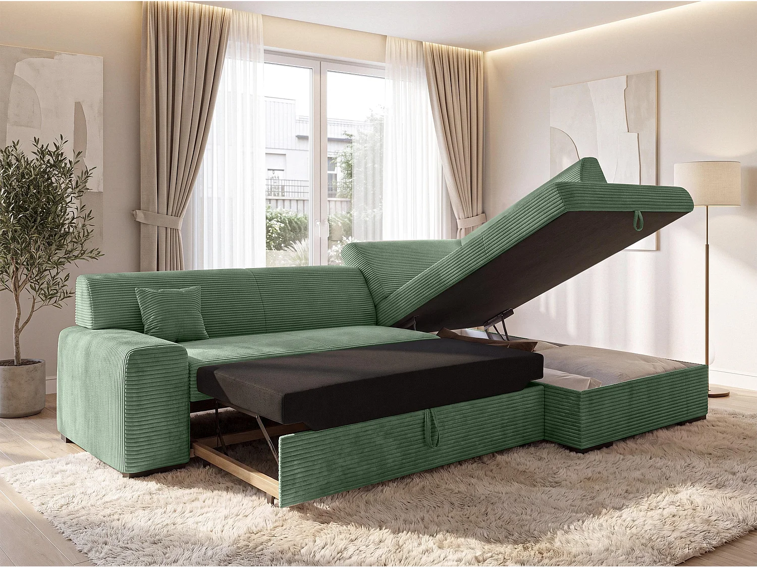 AX LIVING Eckschlafcouch mit Bettkasten Lucera 260 cm Salbeigrün R 