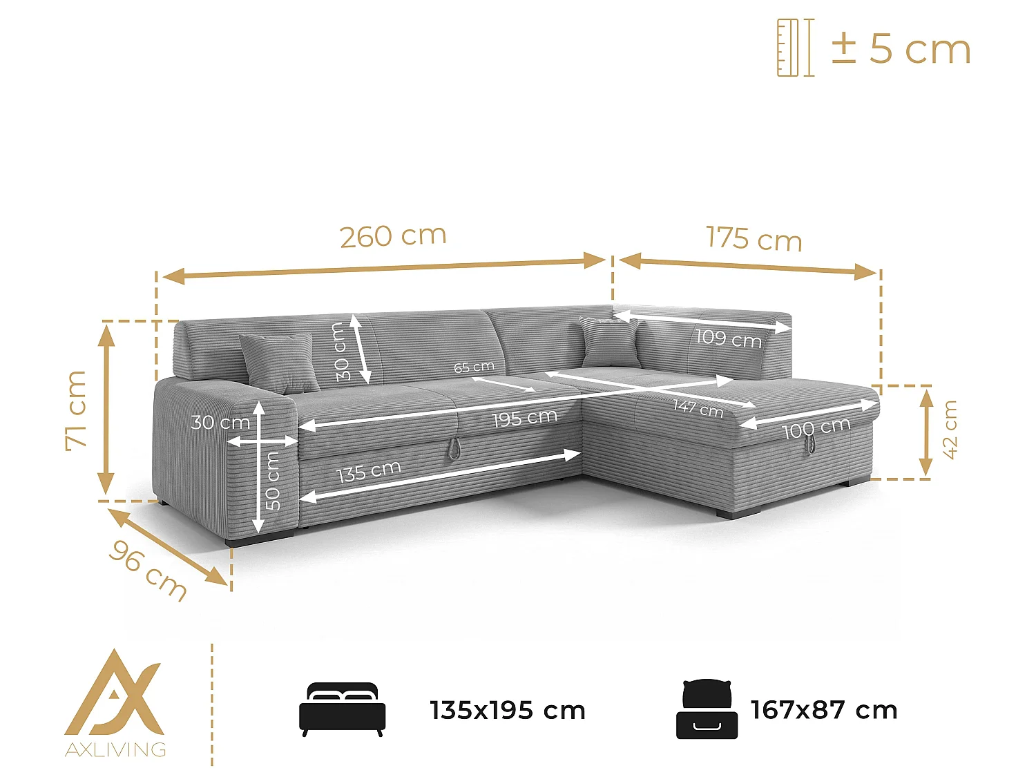 AX LIVING Eckschlafcouch mit Bettkasten Lucera 260 cm Salbeigrün R 