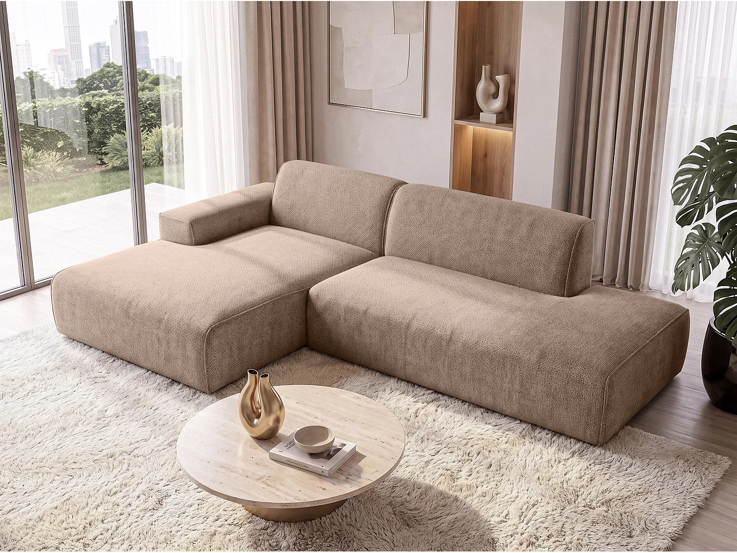 AX LIVING Moderne Hoekbank Didim Duo 284 cm Warmbruin Chenille Bank L