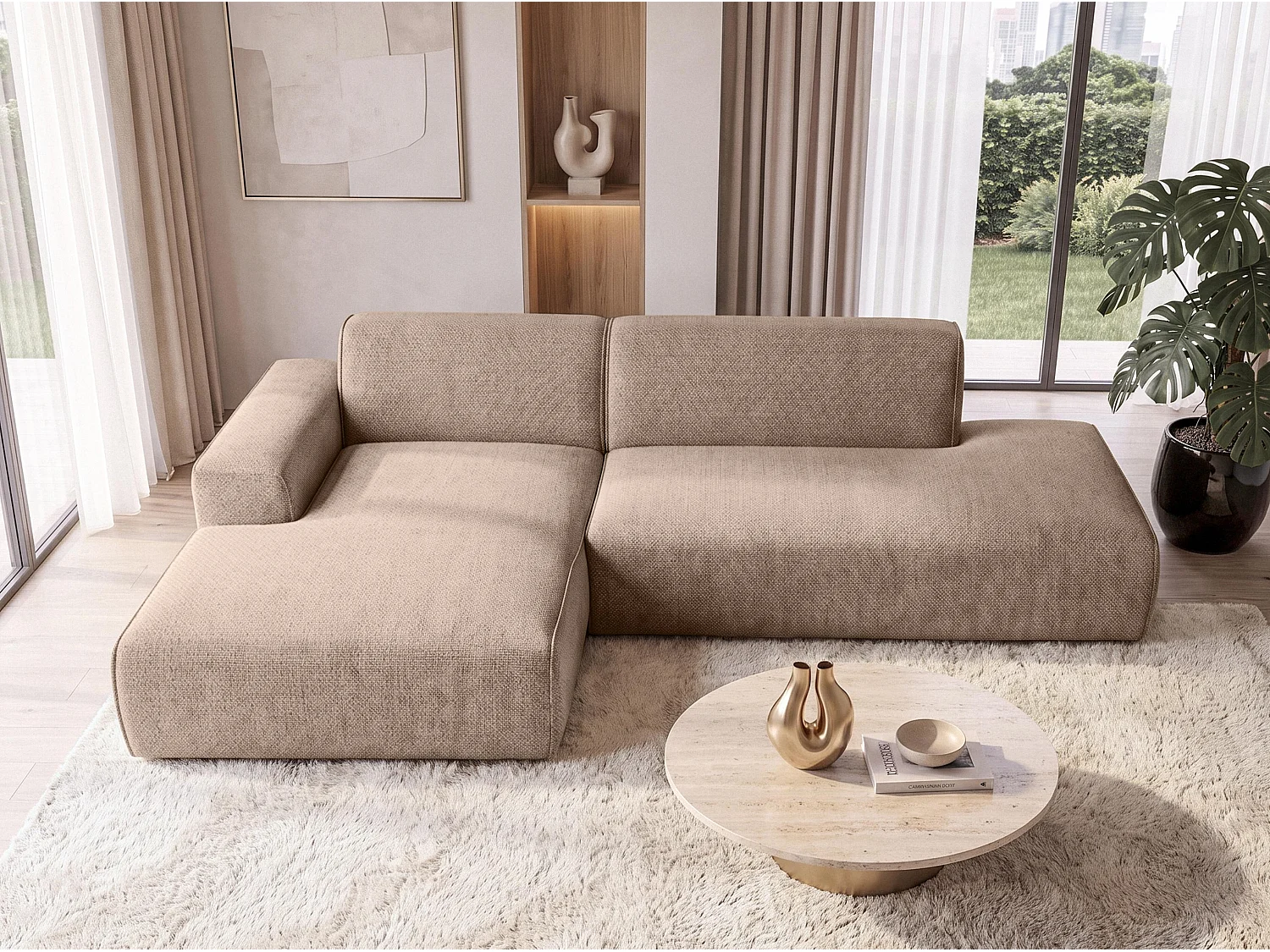 AX LIVING Moderne Hoekbank Didim Duo 284 cm Warmbruin Chenille Bank L