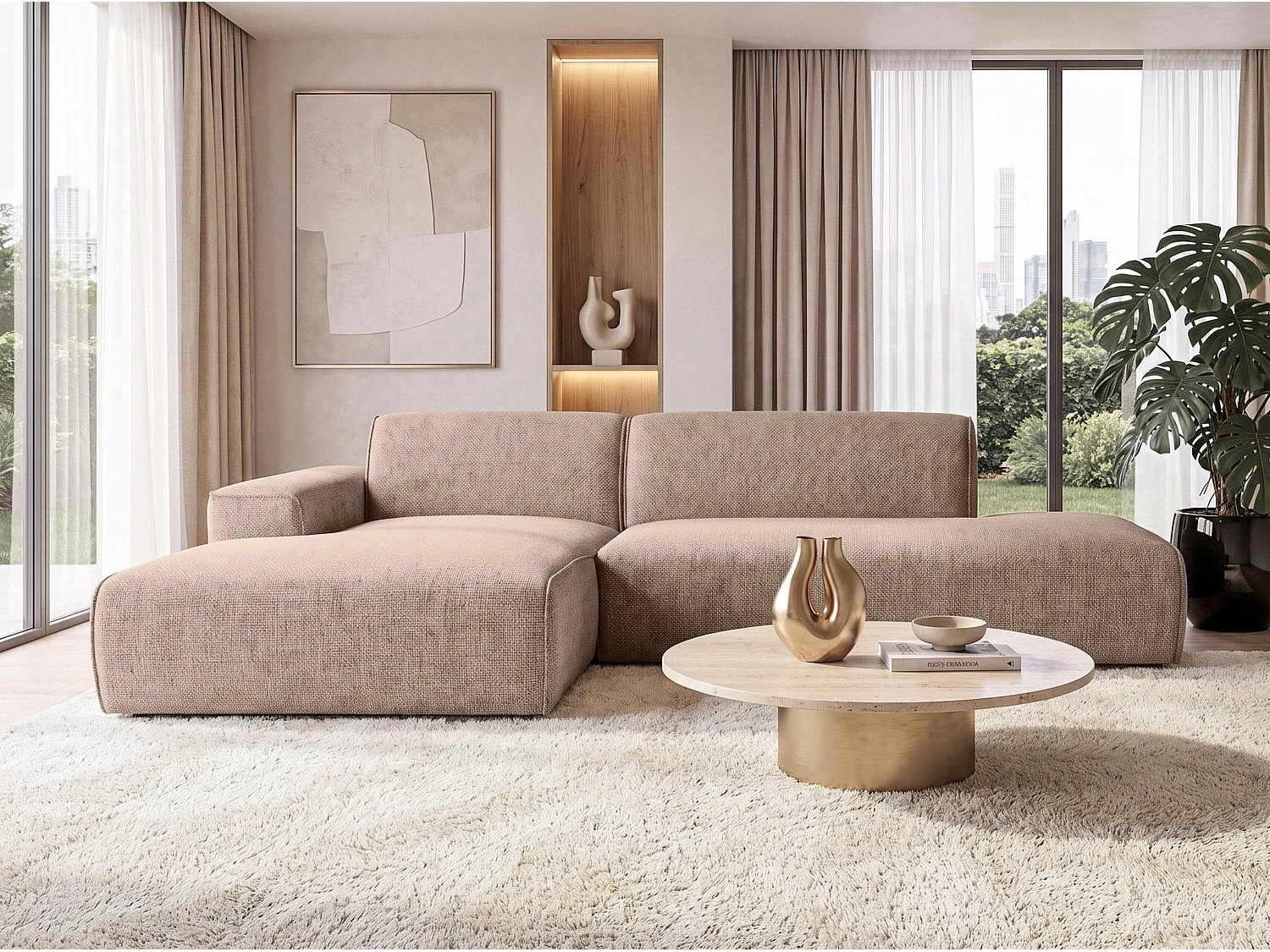 AX LIVING Moderne Hoekbank Didim Duo 284 cm Warmbruin Chenille Bank L