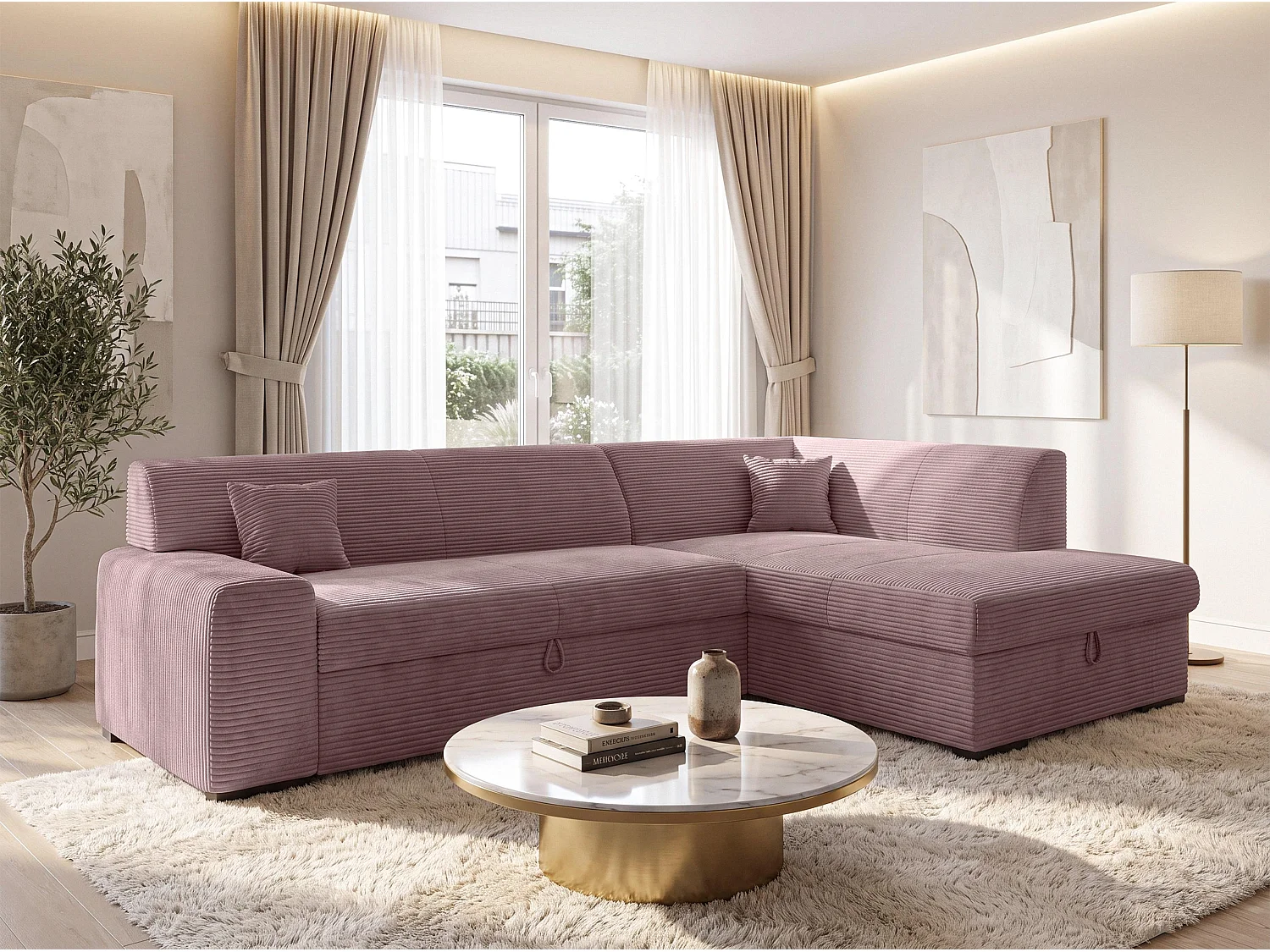 AX LIVING Rosa Sofa mit Schlaffunktion Lucera 260 cm Ecksofa Altrosa R 