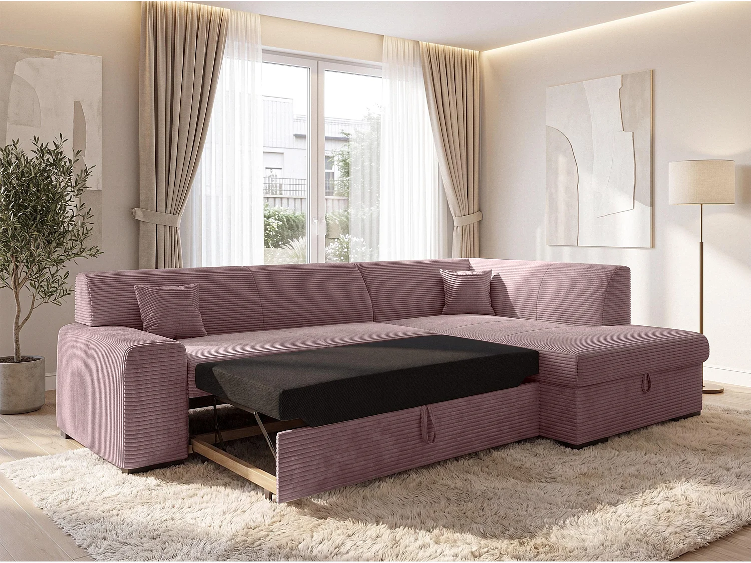 AX LIVING Rosa Sofa mit Schlaffunktion Lucera 260 cm Ecksofa Altrosa R 
