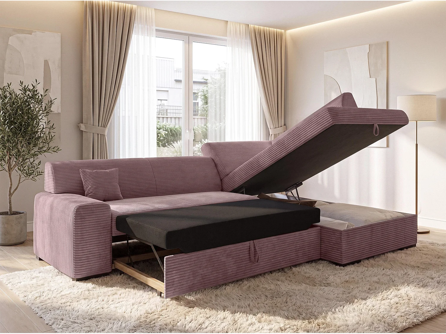 AX LIVING Rosa Sofa mit Schlaffunktion Lucera 260 cm Ecksofa Altrosa R 