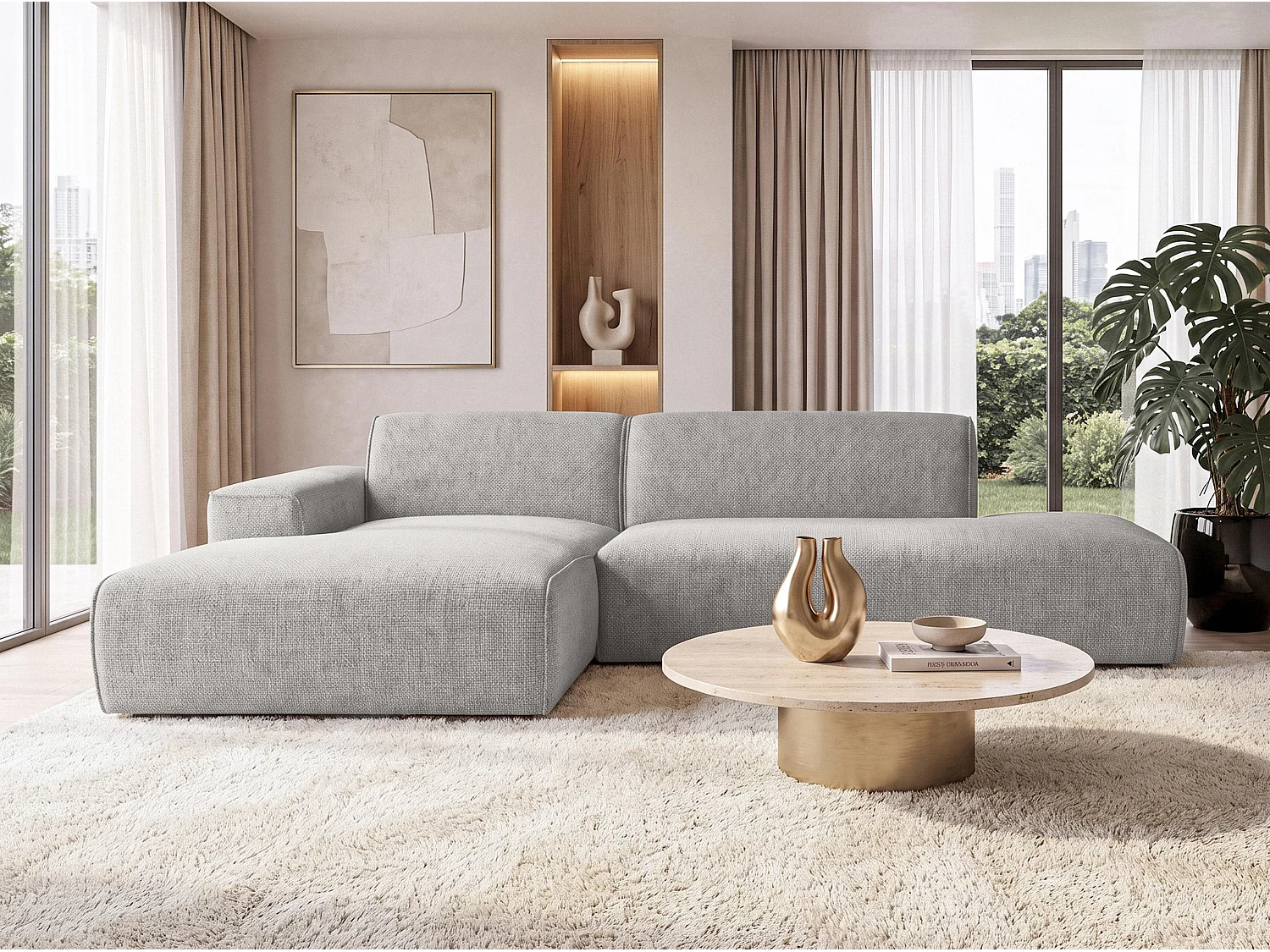 AX LIVING Moderne Hoekbank Didim Duo 284 cm Lichtgrijs Chenille Hoekbank L