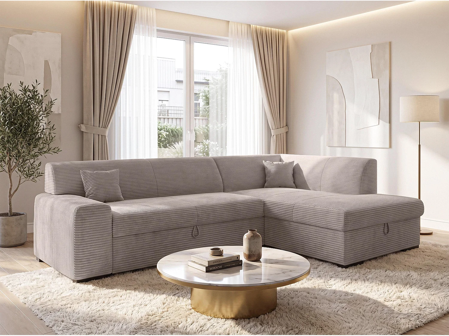 AX LIVING Couch für Wohnzimmer Lucera 260 cm Beige Schlafsofa R 