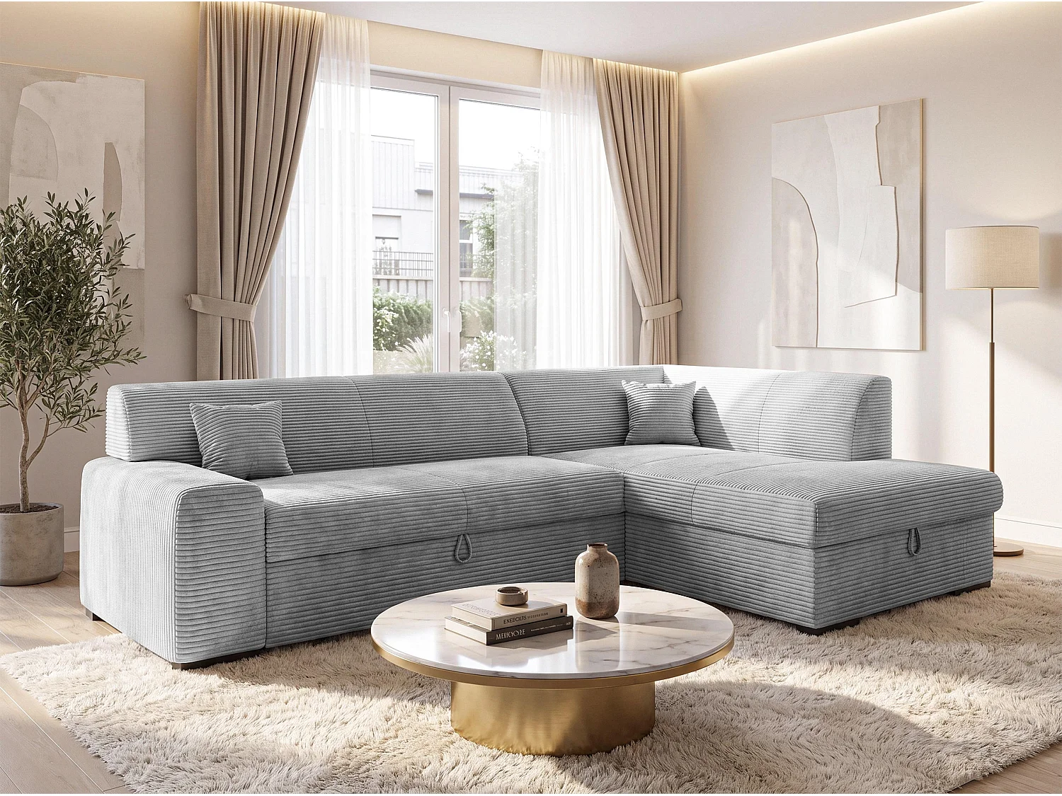 AX LIVING Couch Hellgrau Lucera 260 cm Schlafsofa mit Bettkasten R 