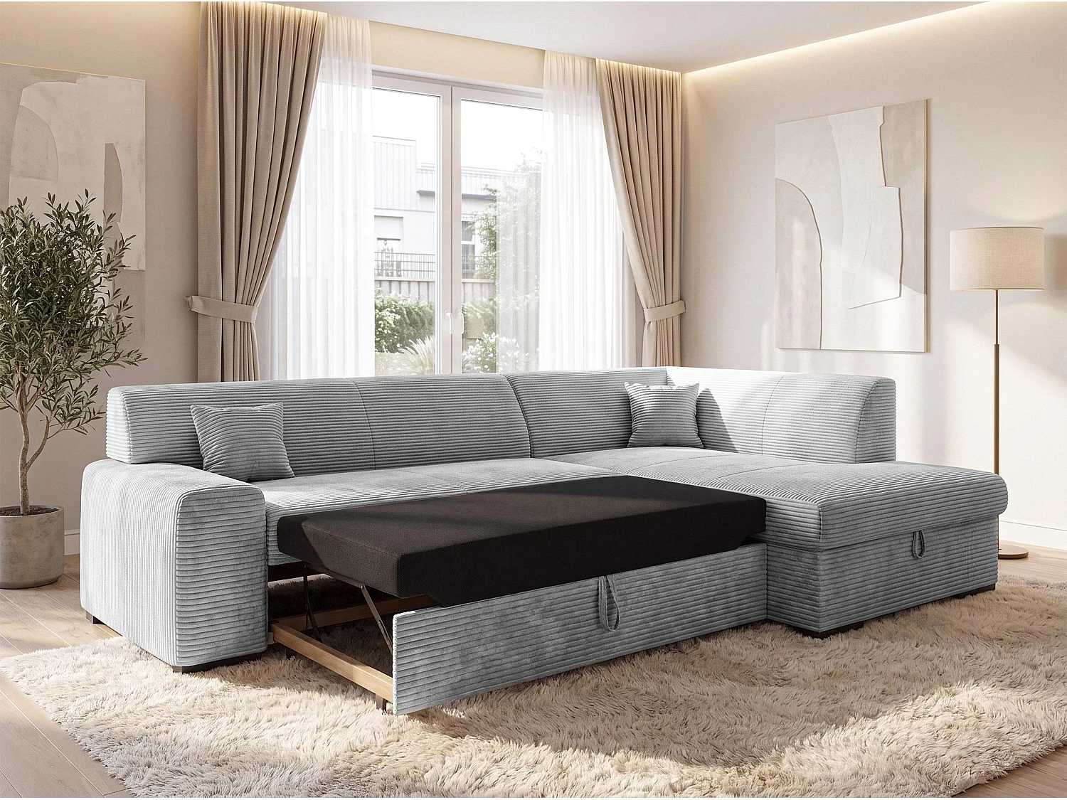 AX LIVING Couch Hellgrau Lucera 260 cm Schlafsofa mit Bettkasten R 