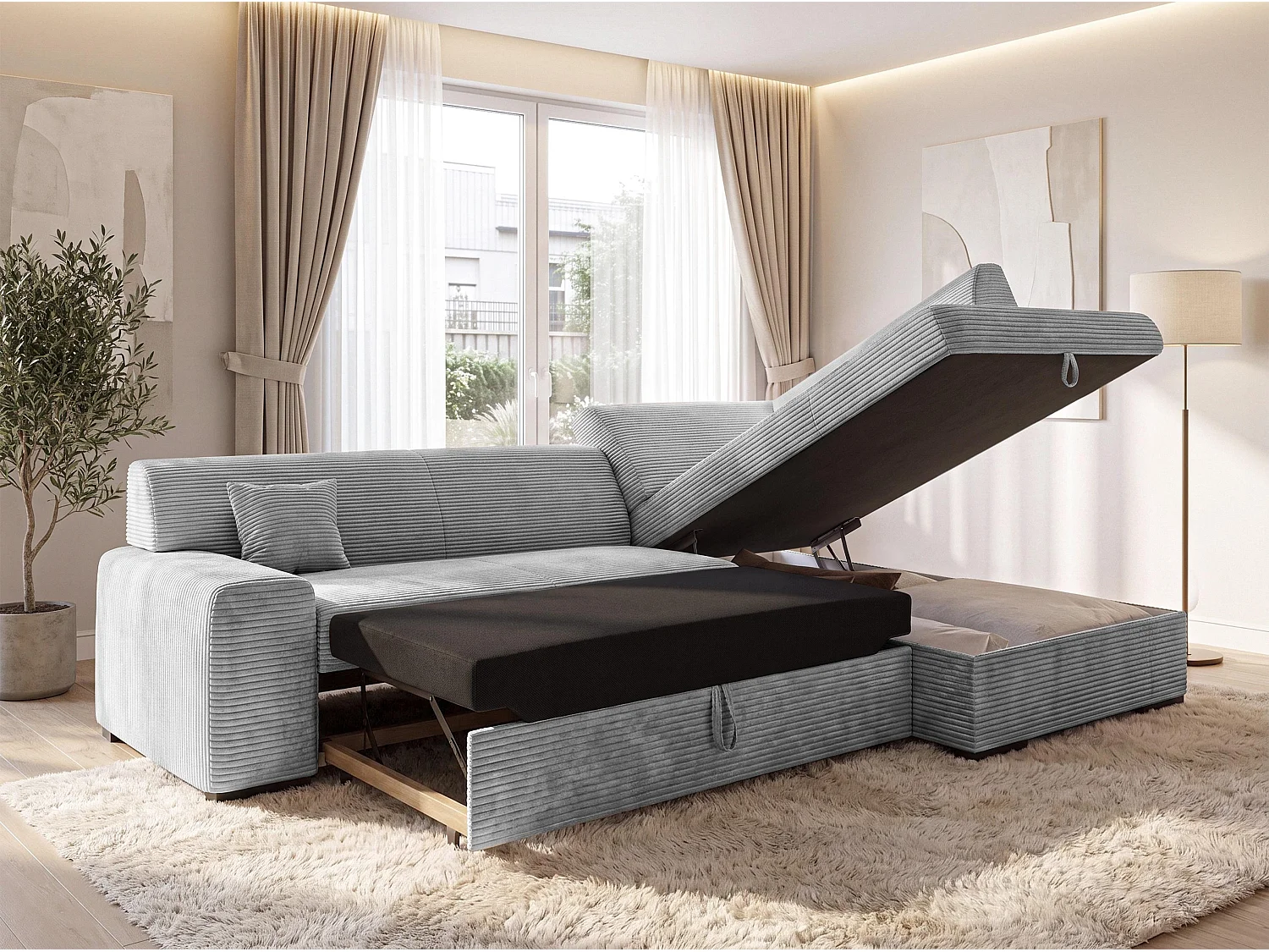 AX LIVING Couch Hellgrau Lucera 260 cm Schlafsofa mit Bettkasten R 