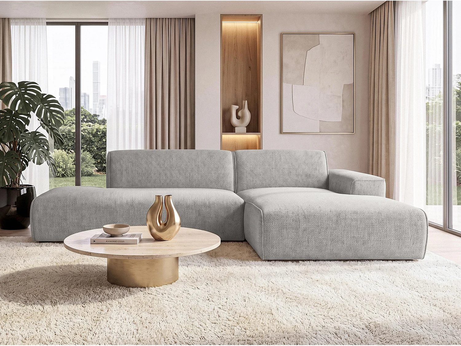 AX LIVING Moderne Hoekbank Didim Duo 284 cm Lichtgrijs Chenille Hoekbank R