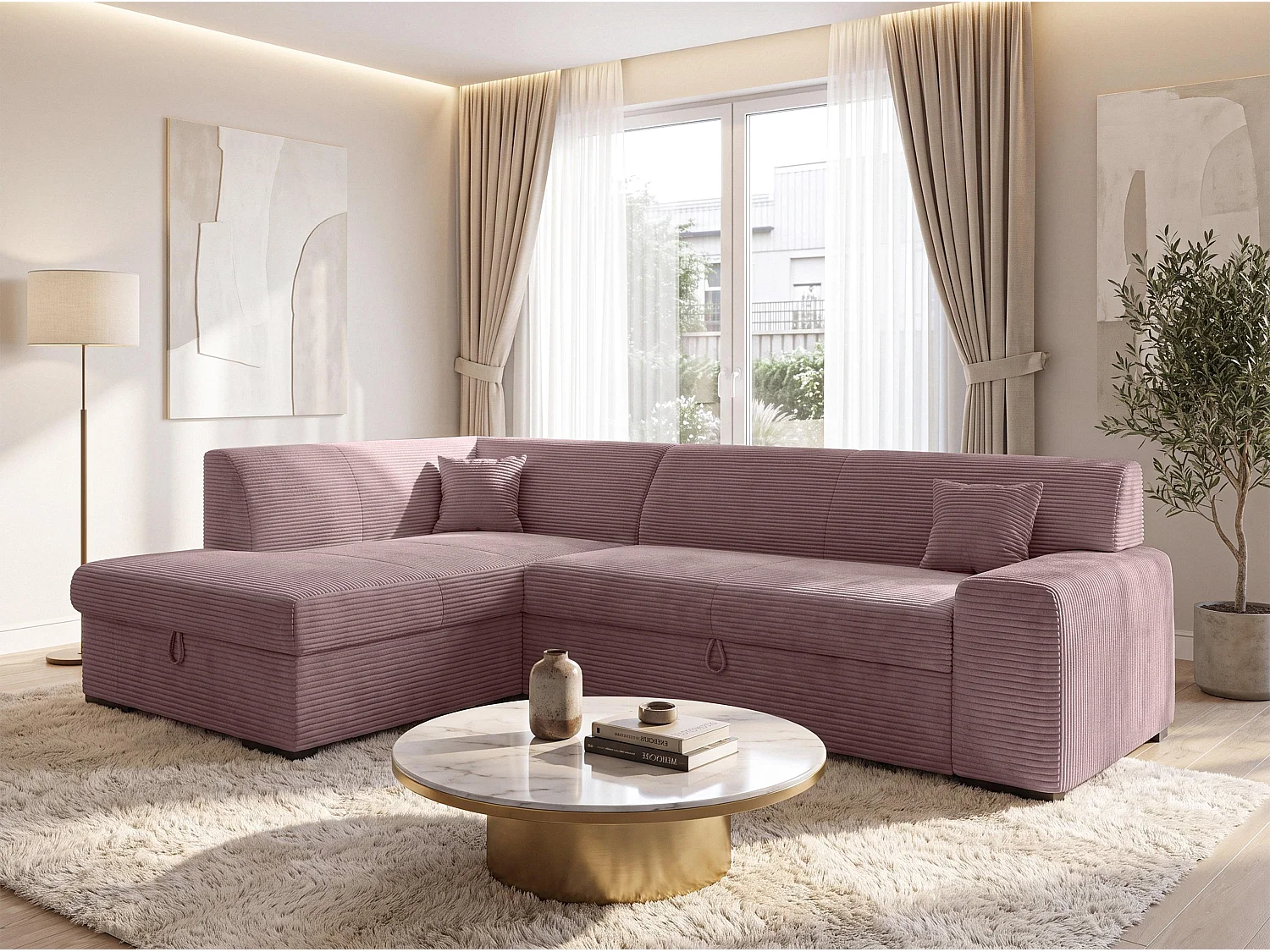 AX LIVING Rosa Sofa mit Schlaffunktion Lucera 260 cm Ecksofa Altrosa L 