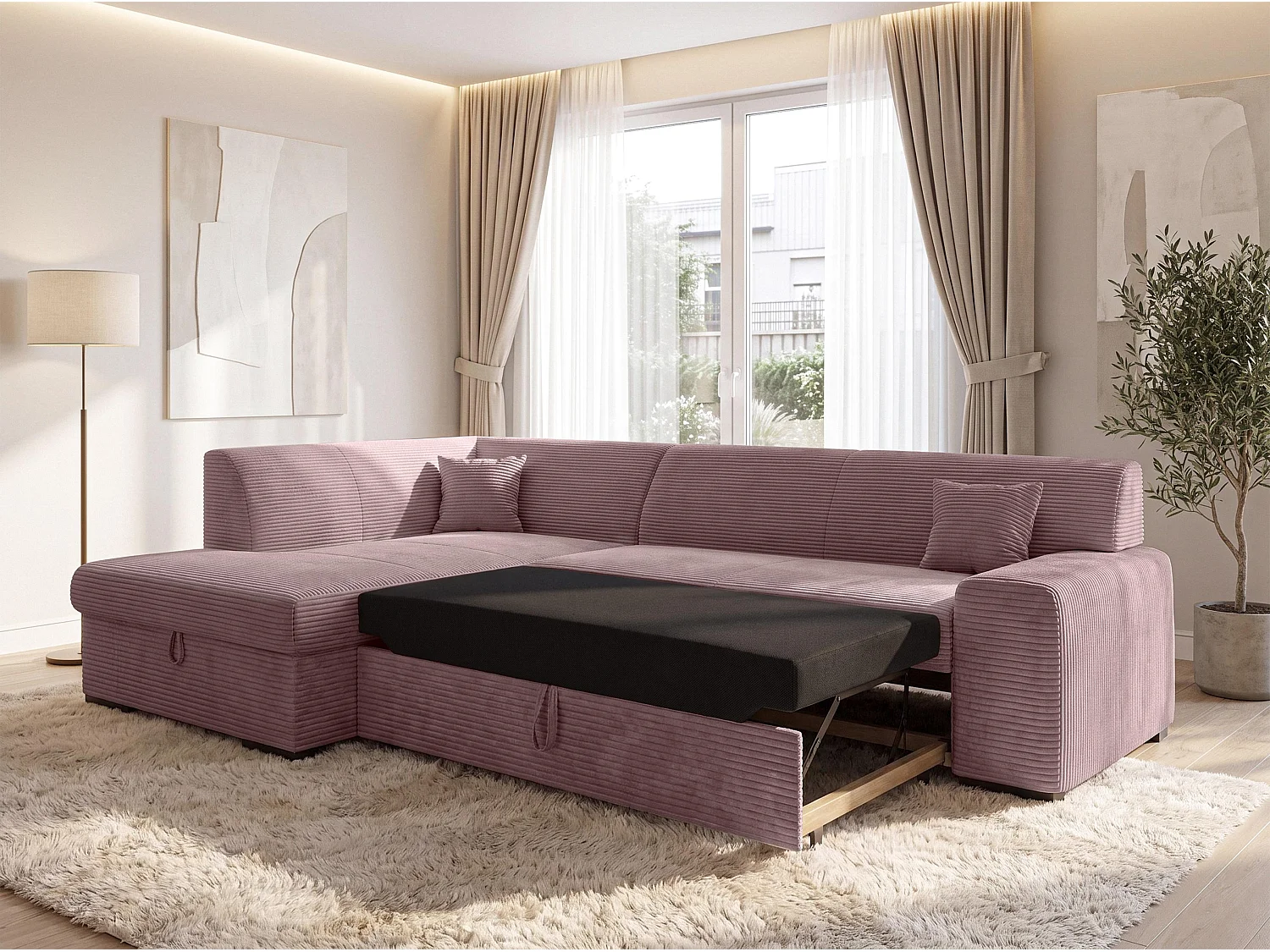 AX LIVING Rosa Sofa mit Schlaffunktion Lucera 260 cm Ecksofa Altrosa L 