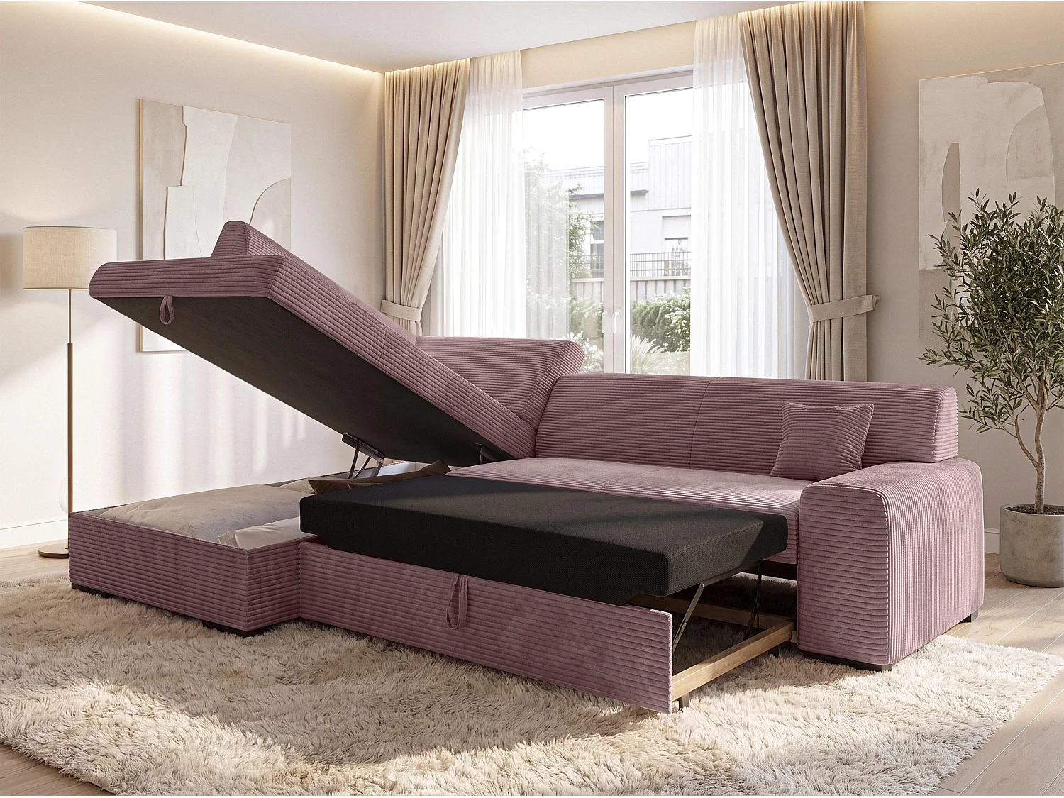 AX LIVING Rosa Sofa mit Schlaffunktion Lucera 260 cm Ecksofa Altrosa L 