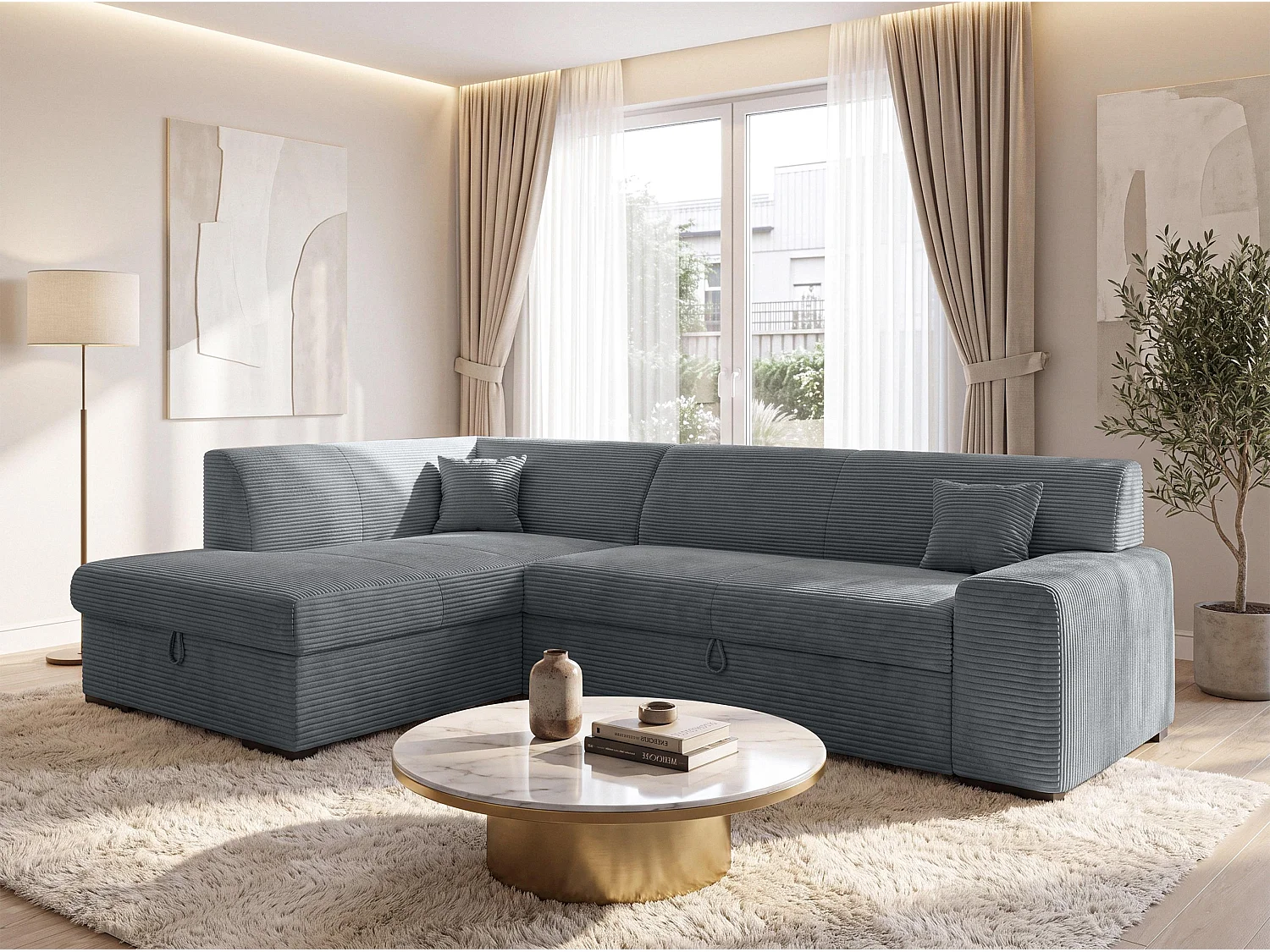 AX LIVING Ecksofa Grau Lucera 260 cm Schlafsofa mit Bettkasten L 