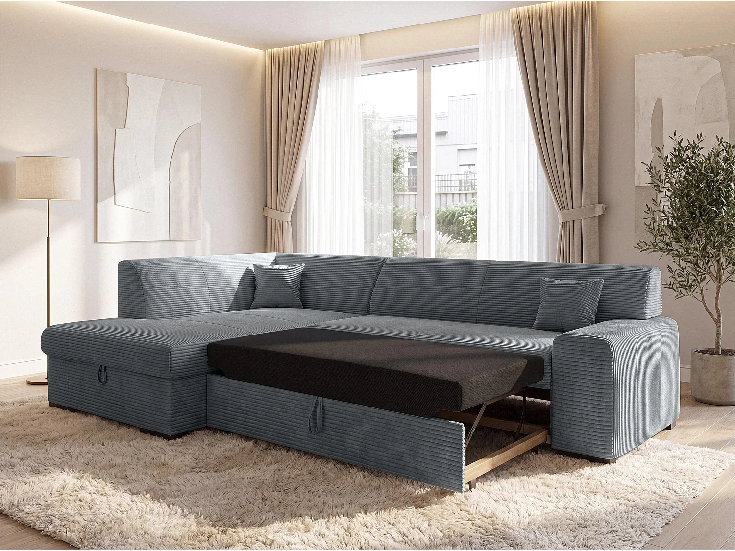 AX LIVING Ecksofa Grau Lucera 260 cm Schlafsofa mit Bettkasten L 