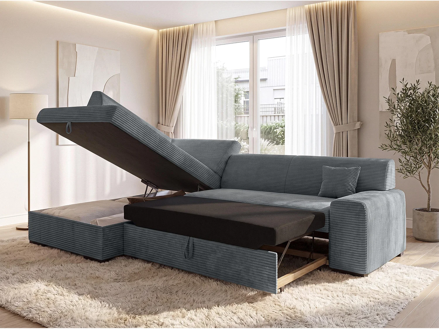 AX LIVING Ecksofa Grau Lucera 260 cm Schlafsofa mit Bettkasten L 