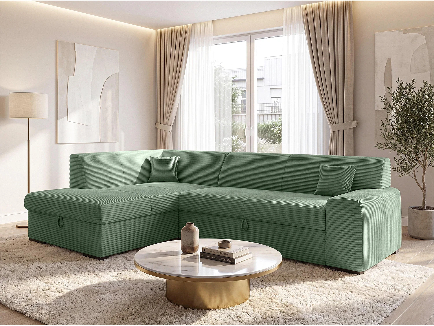 AX LIVING Eckschlafcouch mit Bettkasten Lucera 260 cm Salbeigrün L 