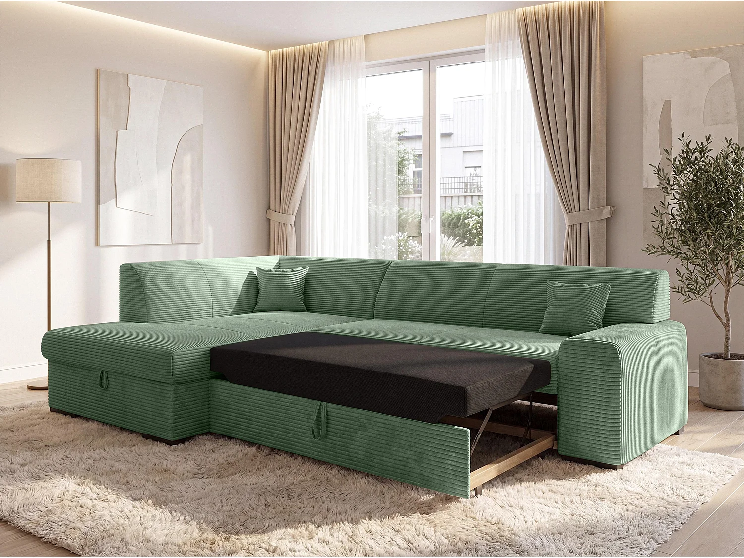 AX LIVING Eckschlafcouch mit Bettkasten Lucera 260 cm Salbeigrün L 