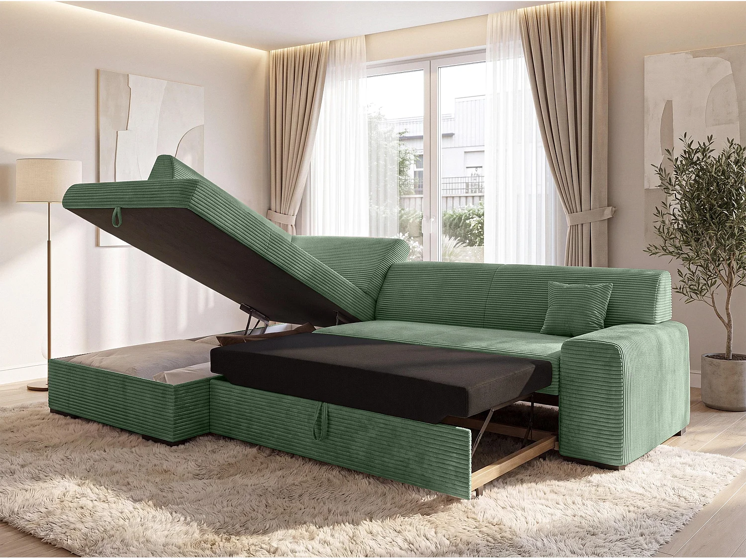 AX LIVING Eckschlafcouch mit Bettkasten Lucera 260 cm Salbeigrün L 