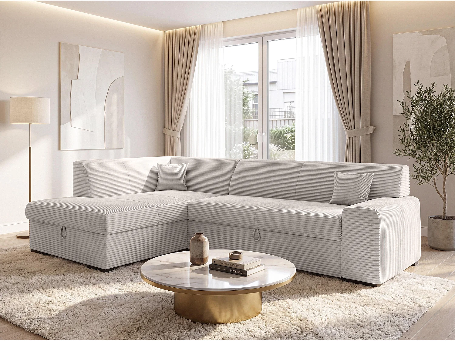 AX LIVING Eckcouch Weiß Lucera 260 cm Elfenbeinweiß Schlafsofa L 