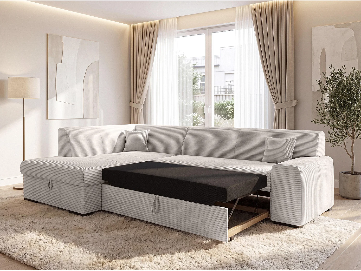 AX LIVING Eckcouch Weiß Lucera 260 cm Elfenbeinweiß Schlafsofa L 