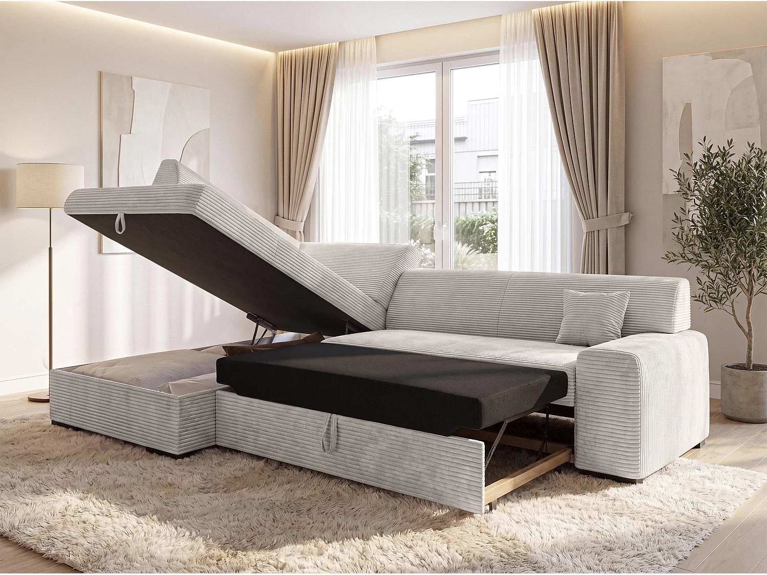 AX LIVING Eckcouch Weiß Lucera 260 cm Elfenbeinweiß Schlafsofa L 