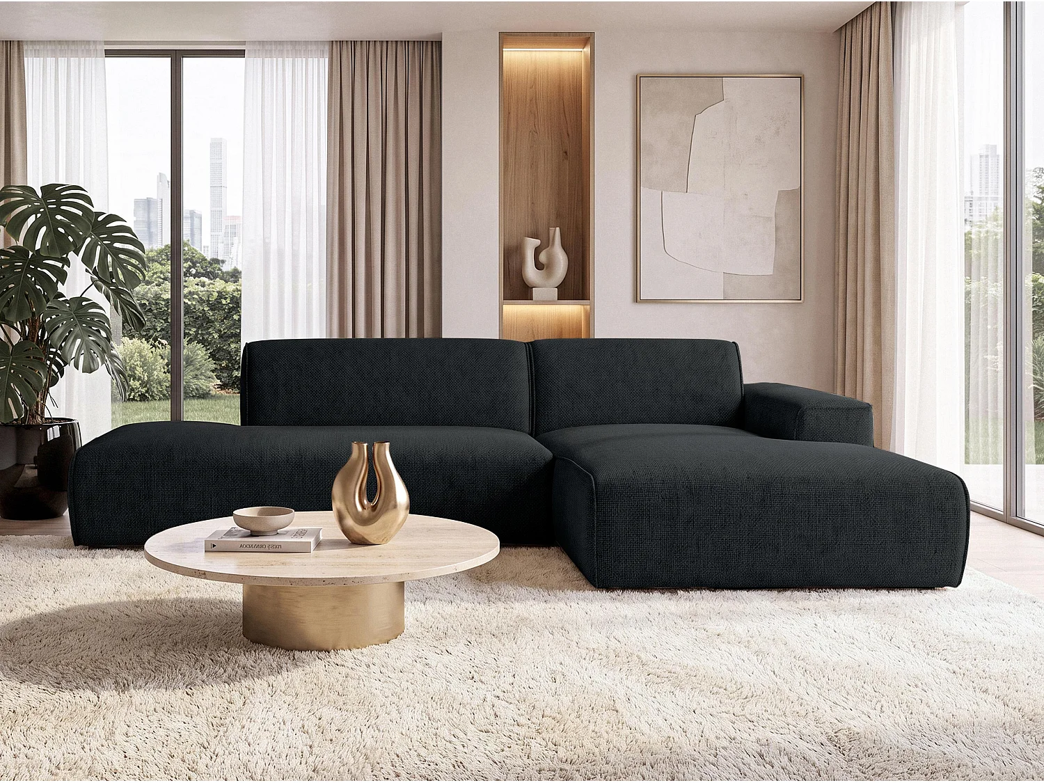 AX LIVING Moderne Hoekbank Didim Duo 284 cm Donkergrijs Chenille Bank R