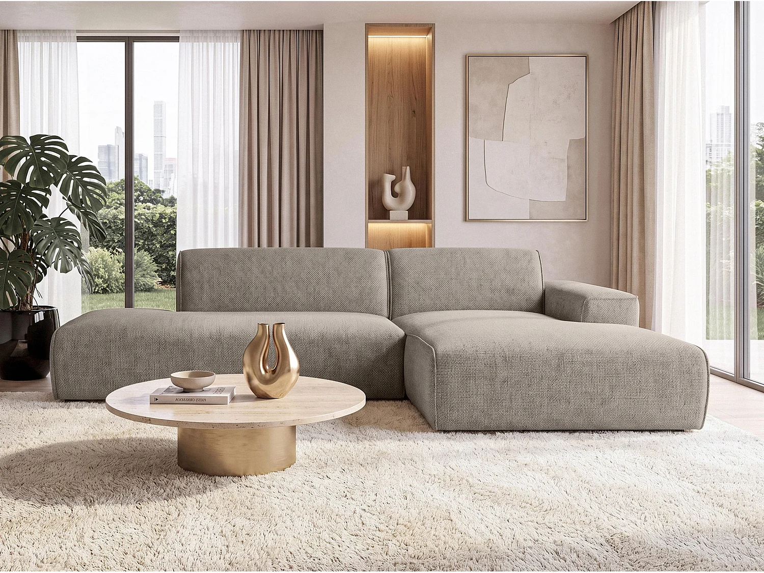 AX LIVING Bruine Hoekbank Didim Duo 284 cm Chenille Bank Vrijstaand R