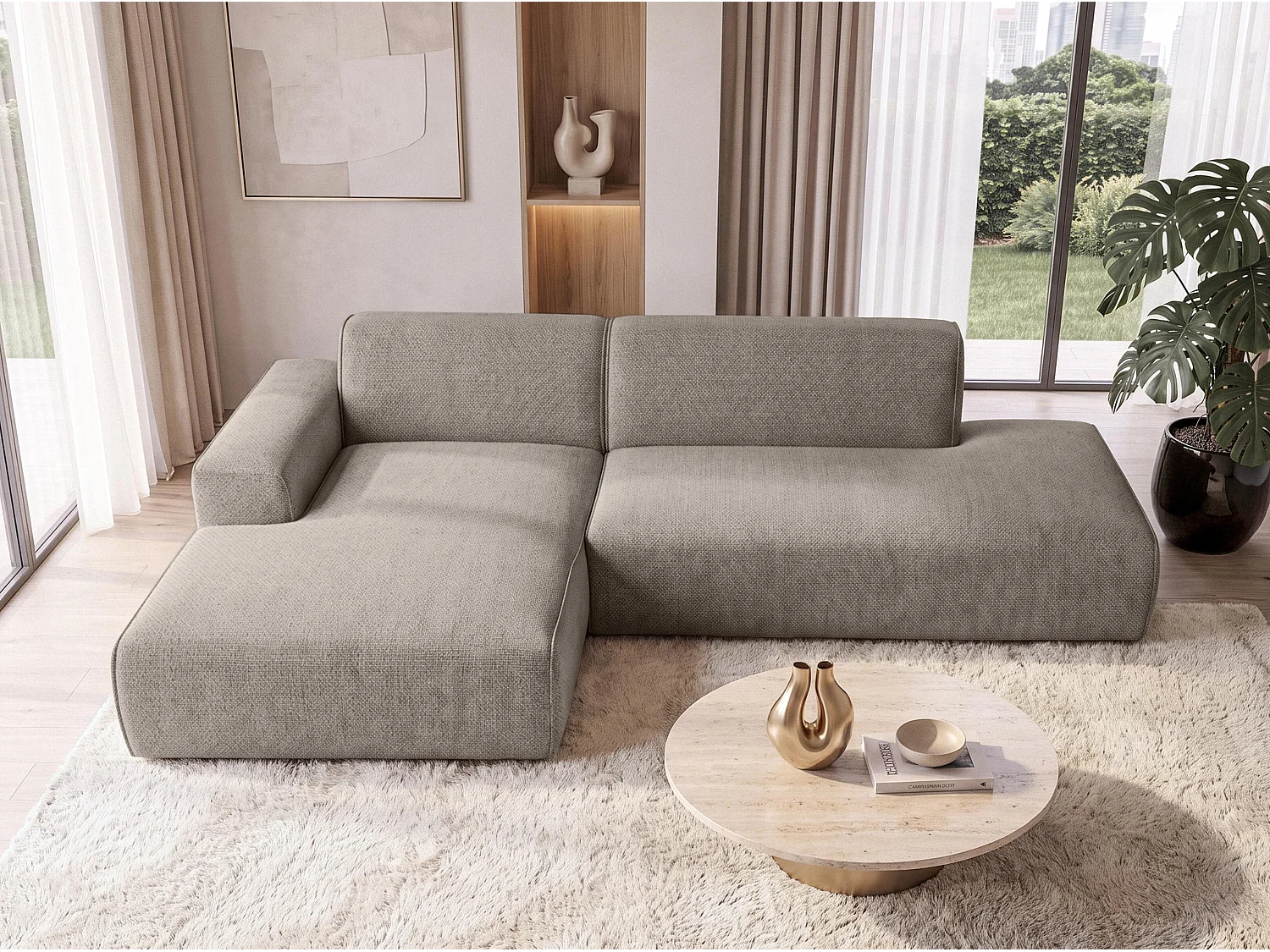 AX LIVING Bruine Hoekbank Didim Duo 284 cm Chenille Bank Vrijstaand L