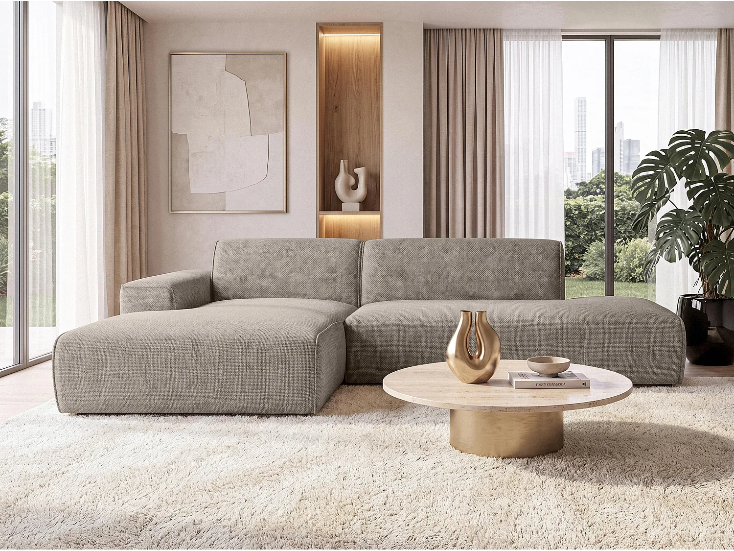 AX LIVING Bruine Hoekbank Didim Duo 284 cm Chenille Bank Vrijstaand L