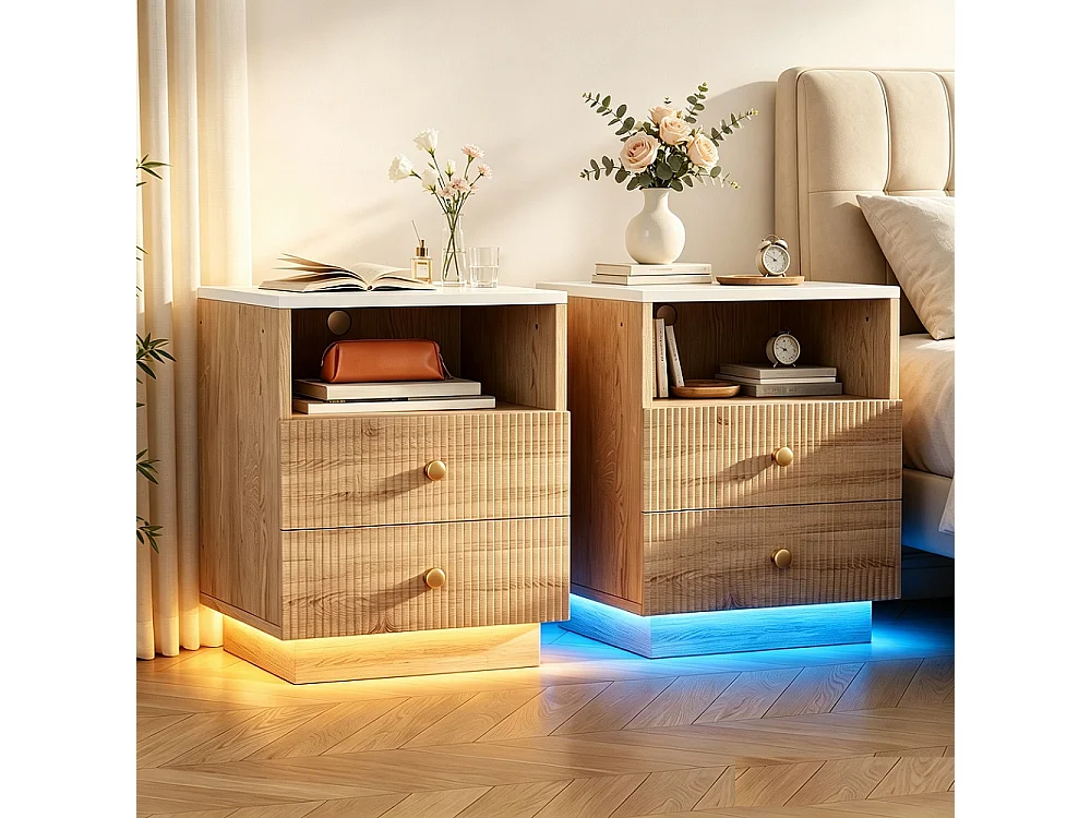 Meubles de nuit 2pcs - 44 x 38 x 55 cm - Tables de lit avec 2 tiroirs et étagère ouverte - Armoire de rangement Boho avec LED de sept couleurs et prise - Bois - mar