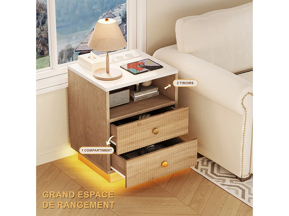 Meubles de nuit 2pcs - 44 x 38 x 55 cm - Tables de lit avec 2 tiroirs et étagère ouverte - Armoire de rangement Boho avec LED de sept couleurs et prise - Bois - mar