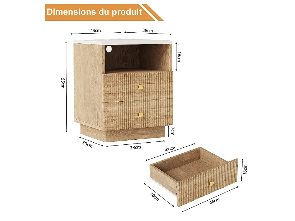 Meubles de nuit 2pcs - 44 x 38 x 55 cm - Tables de lit avec 2 tiroirs et étagère ouverte - Armoire de rangement Boho avec LED de sept couleurs et prise - Bois - mar