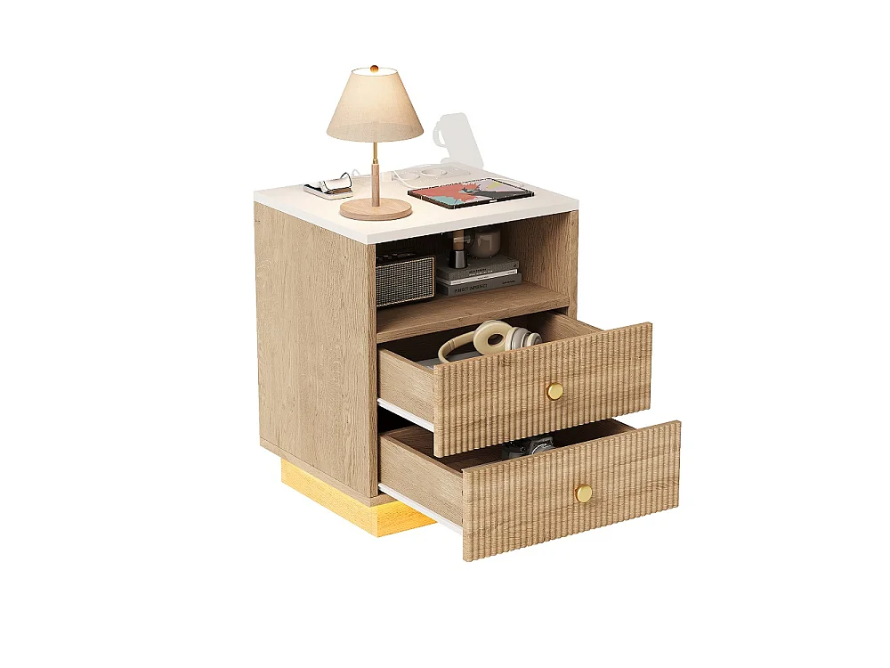 Meubles de nuit 2pcs - 44 x 38 x 55 cm - Tables de lit avec 2 tiroirs et étagère ouverte - Armoire de rangement Boho avec LED de sept couleurs et prise - Bois - mar