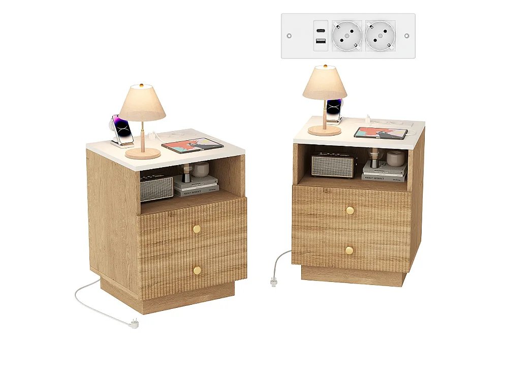 Meubles de nuit 2pcs - 44 x 38 x 55 cm - Tables de lit avec 2 tiroirs et étagère ouverte - Armoire de rangement Boho avec LED de sept couleurs et prise - Bois - mar