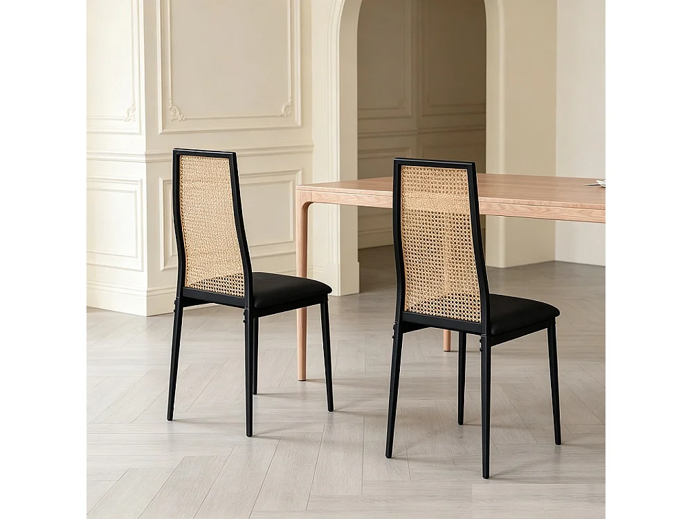 Ensemble de chaises en rattan PE de 2 pièces - Chaises à manger avec dossier haut et jambes en métal - noir