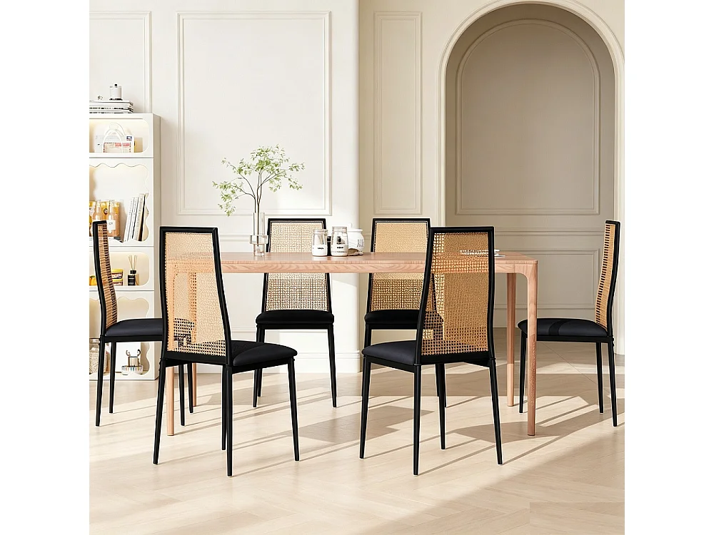 Ensemble de chaises en rattan PE de 2 pièces - Chaises à manger avec dossier haut et jambes en métal - noir