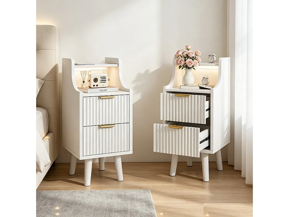 Table de chevet Ensemble de 2 - 25 x 30 x 60 cm - Armoire étroit avec prise et LED pour la chambre Salon - Table de nuit avec 2 tiroirs et compartiment ouvert - Boi