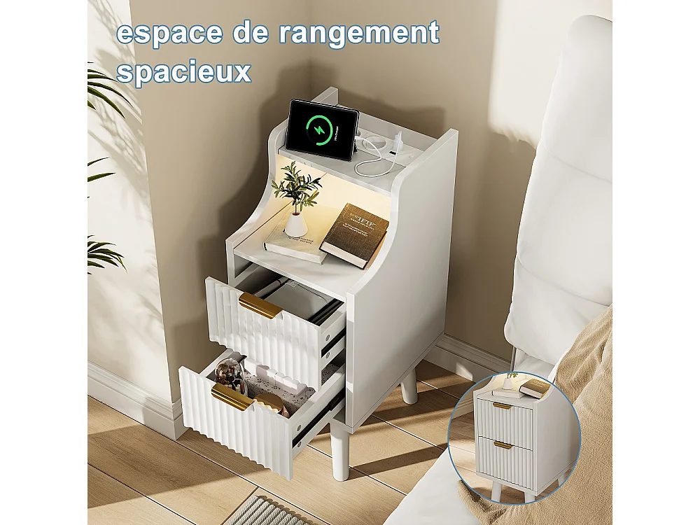 Table de chevet Ensemble de 2 - 25 x 30 x 60 cm - Armoire étroit avec prise et LED pour la chambre Salon - Table de nuit avec 2 tiroirs et compartiment ouvert - Boi
