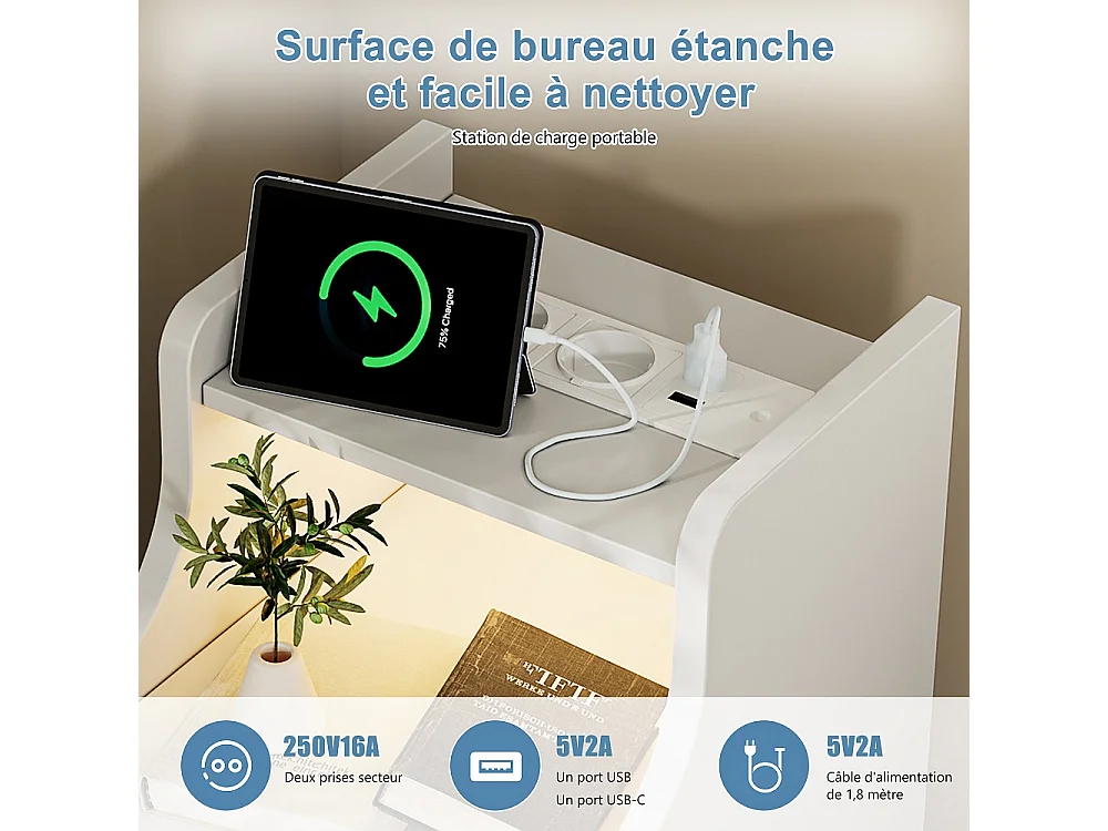 Table de chevet Ensemble de 2 - 25 x 30 x 60 cm - Armoire étroit avec prise et LED pour la chambre Salon - Table de nuit avec 2 tiroirs et compartiment ouvert - Boi