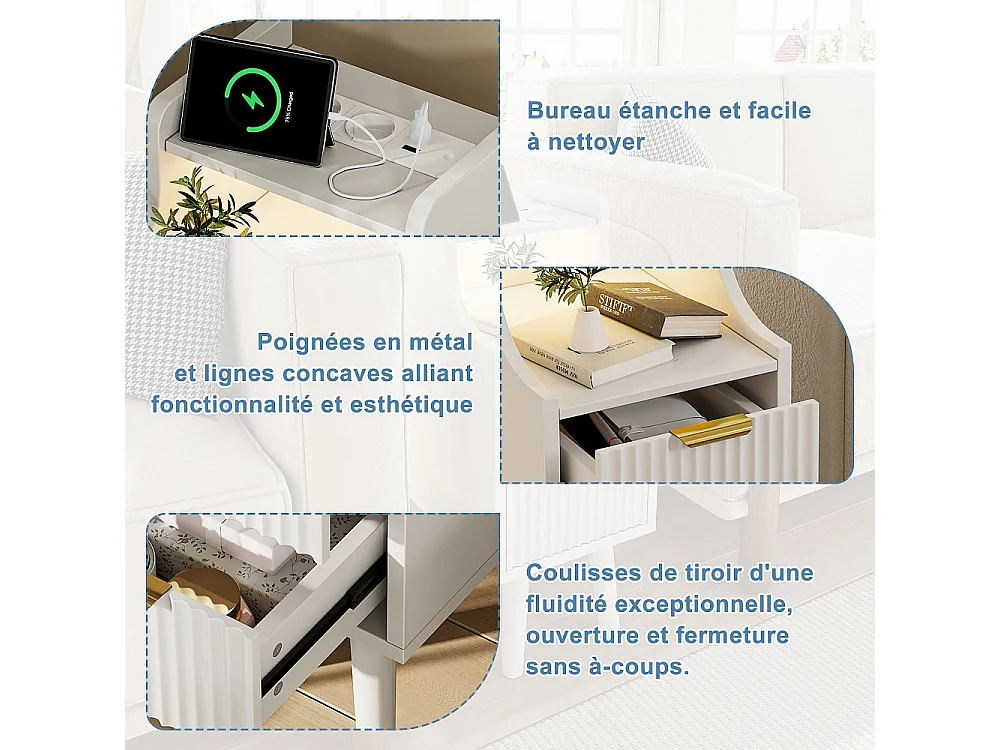 Table de chevet Ensemble de 2 - 25 x 30 x 60 cm - Armoire étroit avec prise et LED pour la chambre Salon - Table de nuit avec 2 tiroirs et compartiment ouvert - Boi