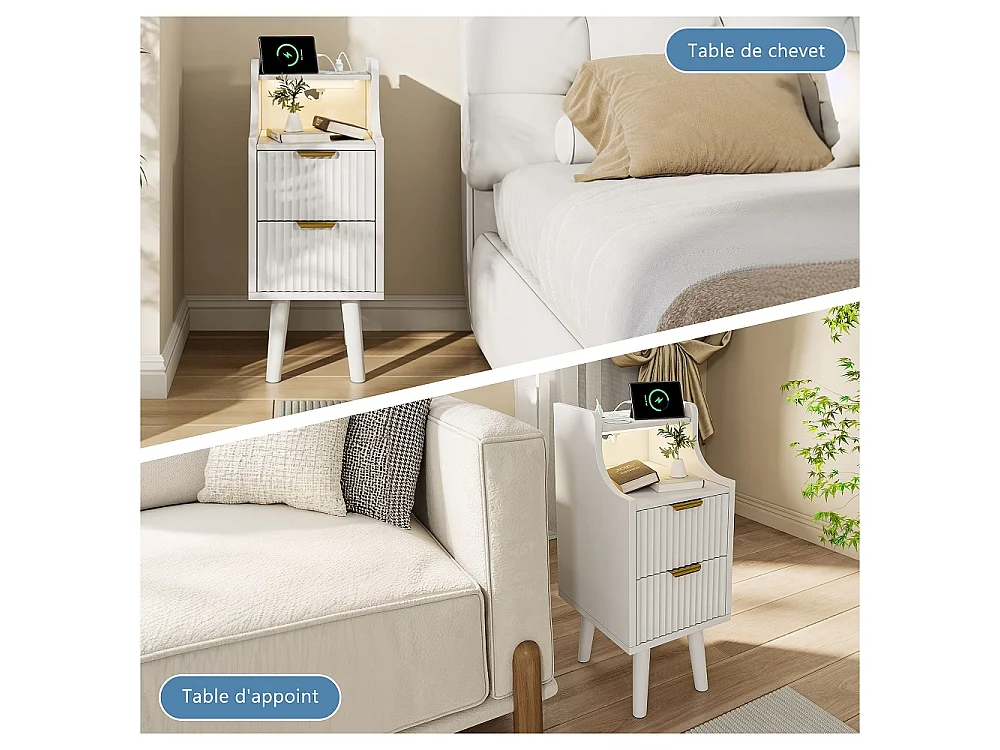 Table de chevet Ensemble de 2 - 25 x 30 x 60 cm - Armoire étroit avec prise et LED pour la chambre Salon - Table de nuit avec 2 tiroirs et compartiment ouvert - Boi