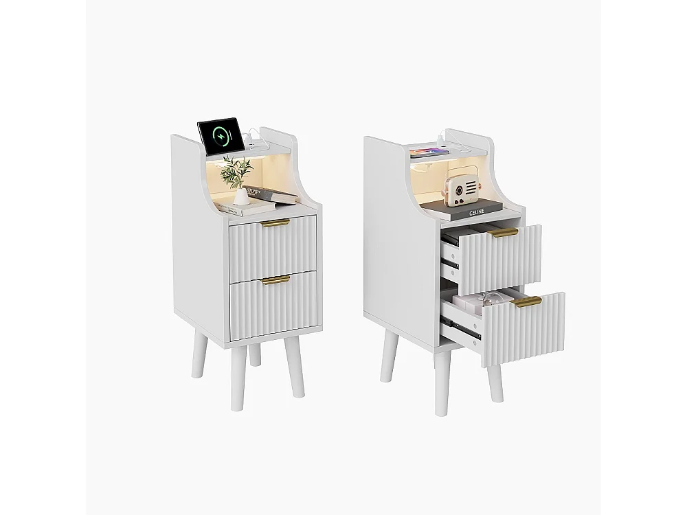 Table de chevet Ensemble de 2 - 25 x 30 x 60 cm - Armoire étroit avec prise et LED pour la chambre Salon - Table de nuit avec 2 tiroirs et compartiment ouvert - Boi