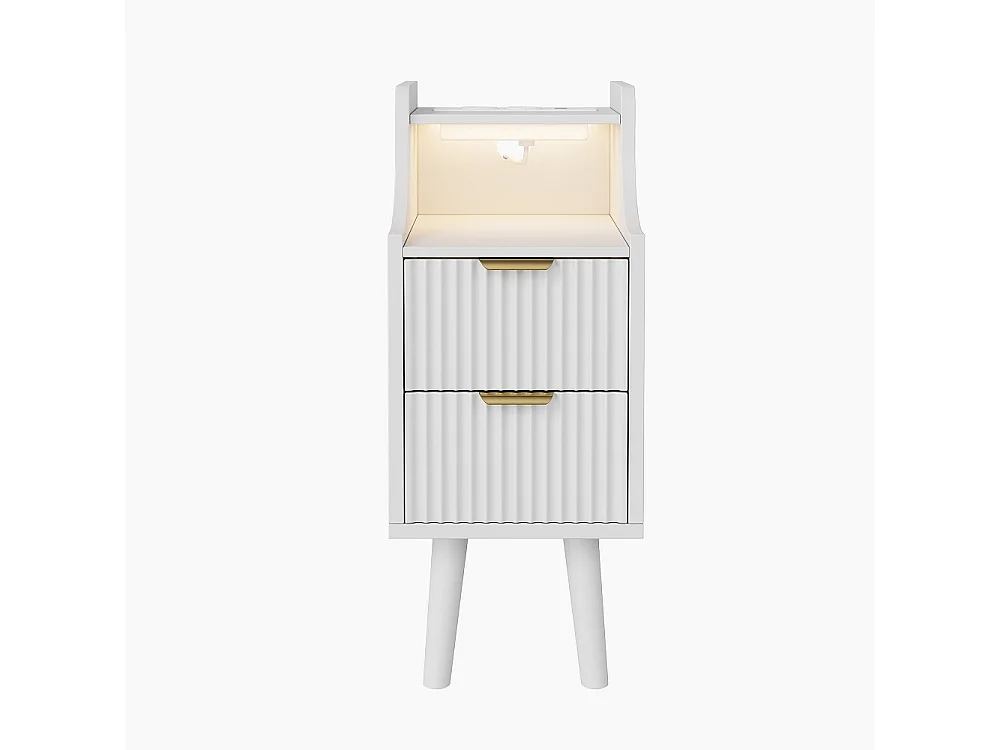 Table de chevet Ensemble de 2 - 25 x 30 x 60 cm - Armoire étroit avec prise et LED pour la chambre Salon - Table de nuit avec 2 tiroirs et compartiment ouvert - Boi