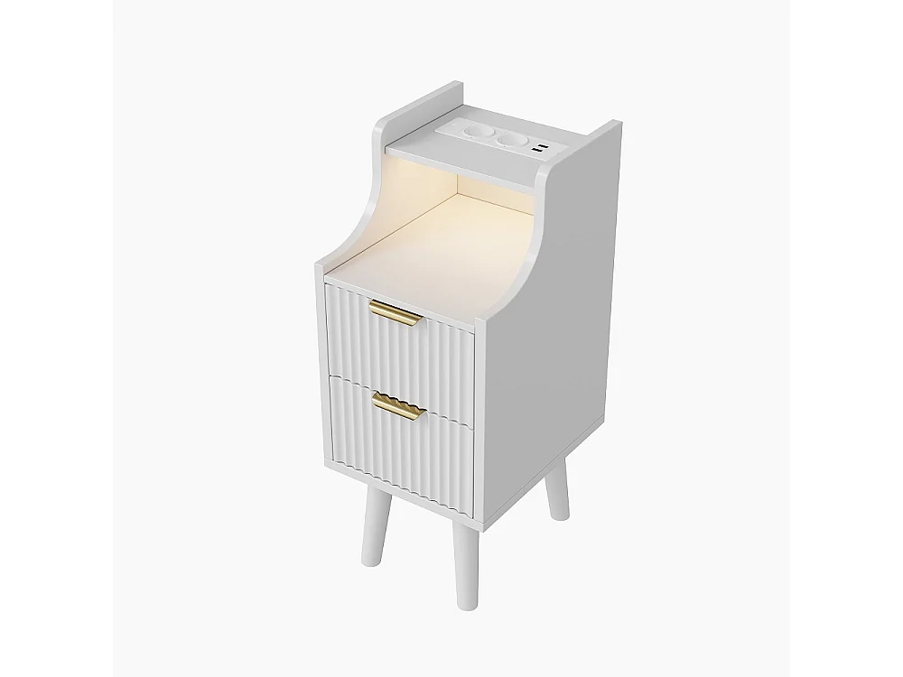 Table de chevet Ensemble de 2 - 25 x 30 x 60 cm - Armoire étroit avec prise et LED pour la chambre Salon - Table de nuit avec 2 tiroirs et compartiment ouvert - Boi