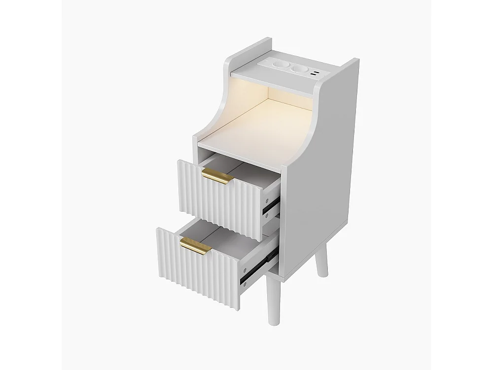 Table de chevet Ensemble de 2 - 25 x 30 x 60 cm - Armoire étroit avec prise et LED pour la chambre Salon - Table de nuit avec 2 tiroirs et compartiment ouvert - Boi
