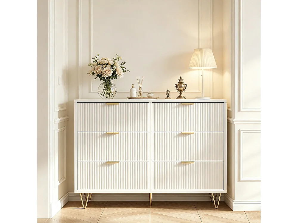Armoire à 6 tiroirs - 100 x 34 x 73 cm - Coffre-fort avec pieds et poignées plaqués or - MDF - Blanc