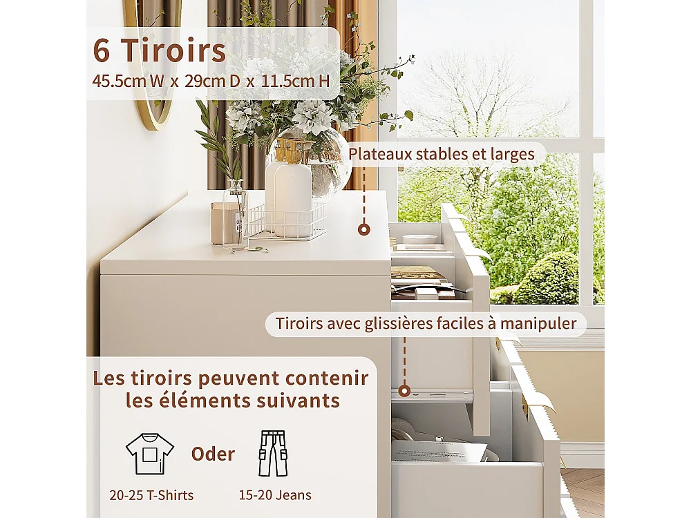 Armoire à 6 tiroirs - 100 x 34 x 73 cm - Coffre-fort avec pieds et poignées plaqués or - MDF - Blanc